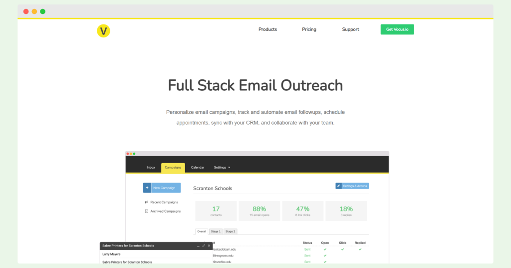 Vocus.io homepage advertising its full stack email outreach tool, focusing on personalizing email campaigns, automating follow-ups, and integrating with CRM systems.