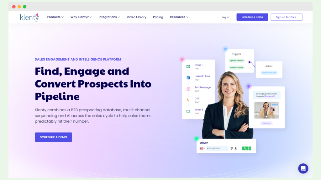 Klenty homepage showcasing its platform for sales engagement and intelligence, featuring tools to find, engage, and convert prospects into pipeline through multi-channel sequencing and AI.