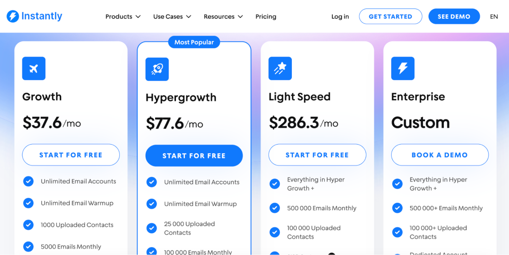 Instantly pricing page showing Growth, Hypergrowth, Light Speed, and Enterprise plans with monthly pricing and feature tiers.