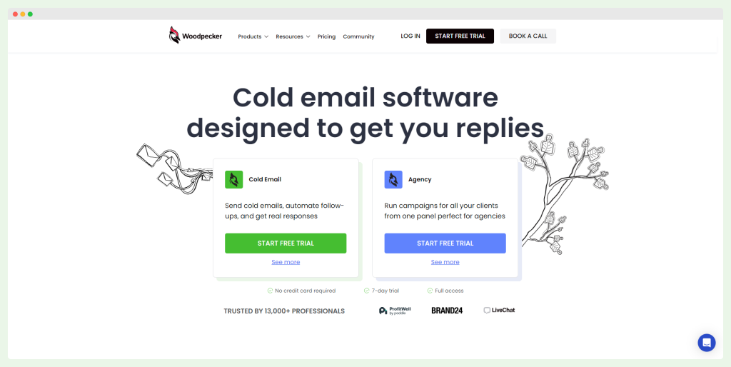 Woodpecker homepage displaying cold email software designed to increase reply rates, featuring automation tools for follow-ups and campaign management.