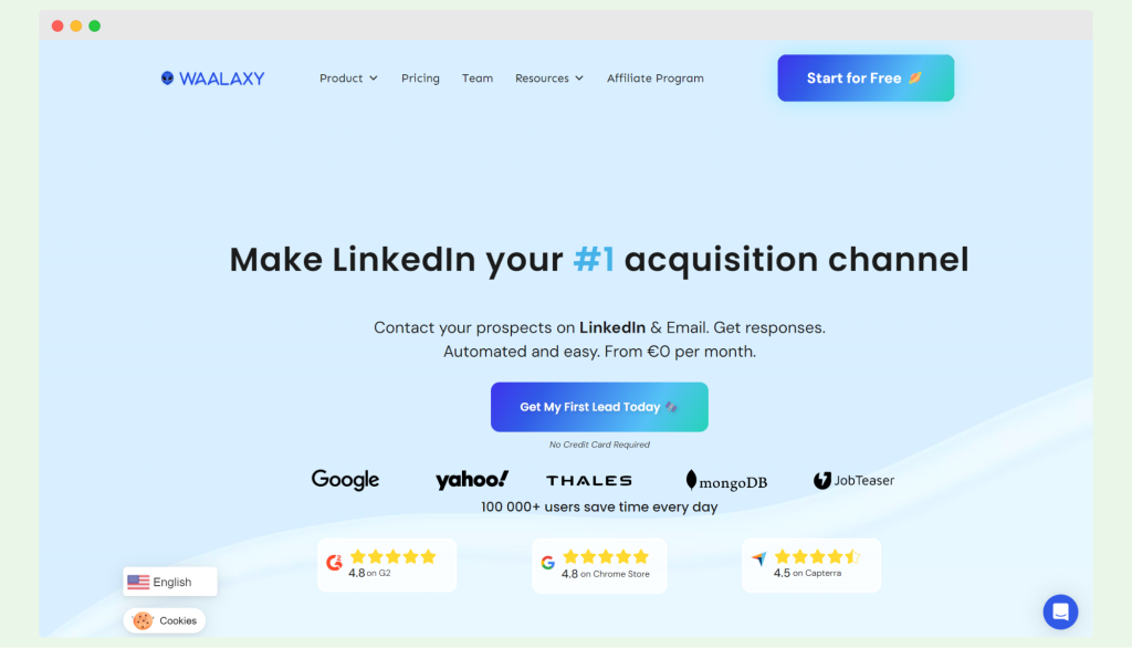 Waalaxy homepage promoting its tool for making LinkedIn a primary acquisition channel, allowing users to contact prospects on LinkedIn and Email, with automated response handling.