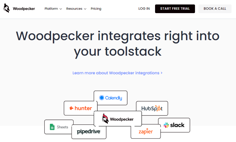 Woodpecker integrations page showing connections with Calendly, HubSpot, Slack, Zapier, Pipedrive, Sheets, and Hunter.