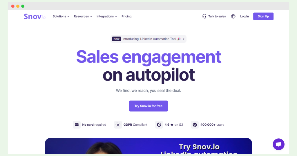 screenshot showing snov.io sales calls homepage