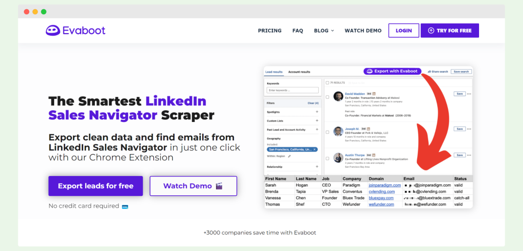 Evaboot homepage advertising its LinkedIn Sales Navigator scraper tool, which helps users export clean data and find emails with a Chrome extension.