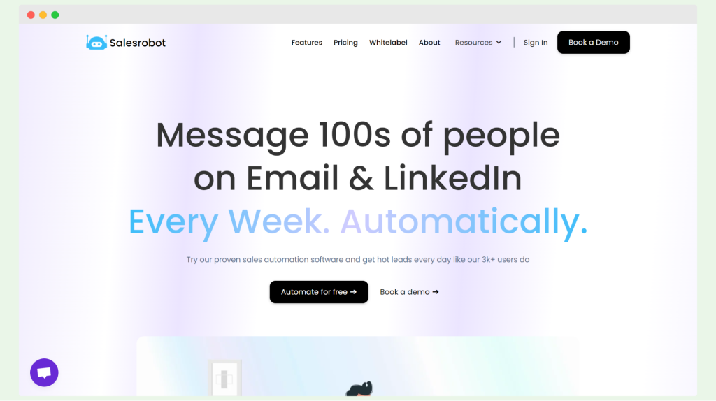 Salesrobot homepage showcasing a sales automation tool for sending messages on Email and LinkedIn, automating outreach to engage with hundreds of contacts weekly