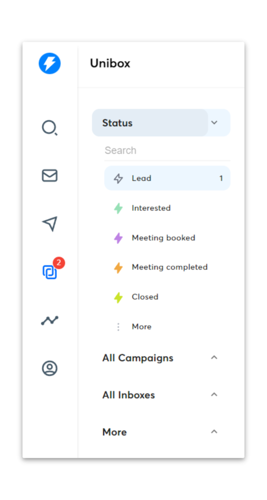 Instantly Unibox view showing message statuses, campaigns, inboxes, and lead stages in a unified outreach inbox.