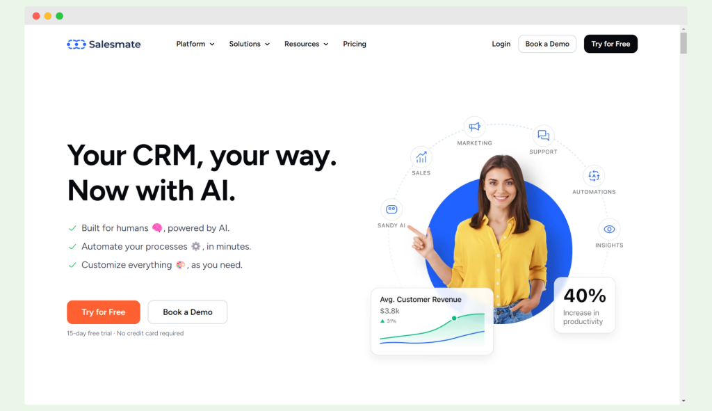 Salesmate CRM homepage introducing AI-powered features to automate processes, customize workflows, and enhance sales productivity.