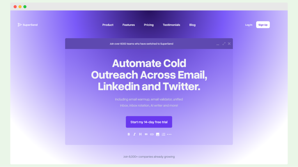 SuperSend homepage featuring its tool for automating cold outreach across Email, LinkedIn, and Twitter, including features like email warmup, validation, and unified inbox management.