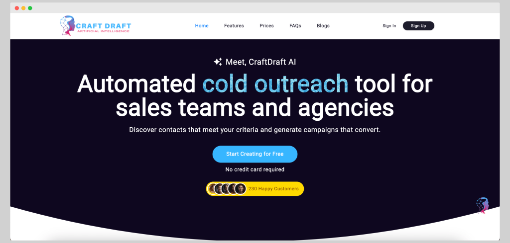 CraftDraft homepage. A tool providing cold outreach services