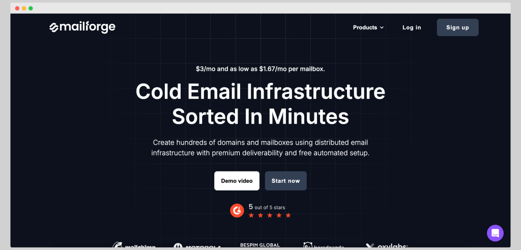 Mailforge homepage that ensures cold email infrastructure sorted in minutes