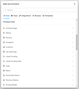 screenshot from Clay, showing types of company data 