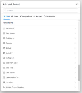 screenshot from Clay showing types of person data 