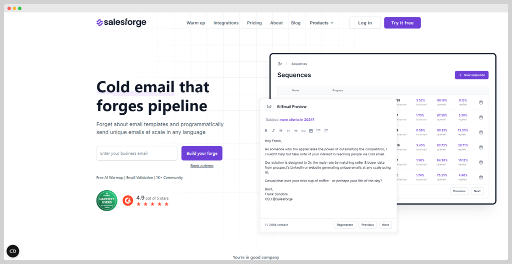 Salesforge homepage: an Emelia alternative