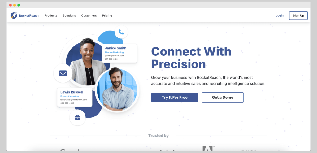 Rocketreach's homepage. One of the sales tools