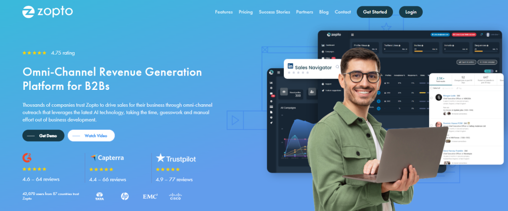 Zopto homepage. An email marketing tools, customer data management