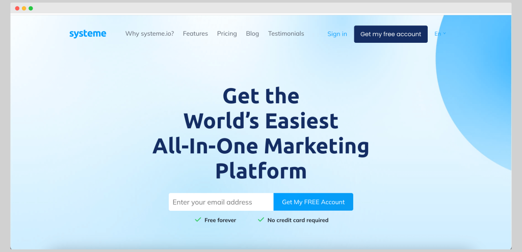 Systeme's homepage. One of the sales tools