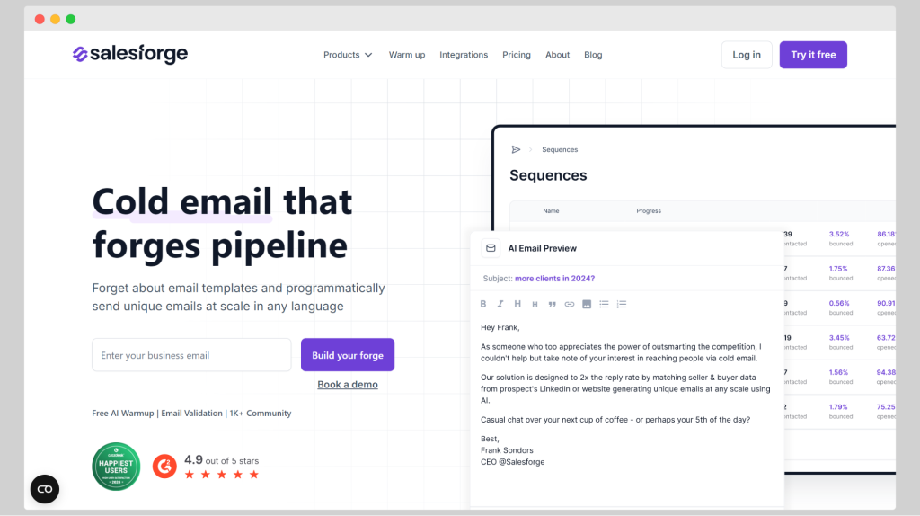 Salesforge's homepage - an email analytics tool 