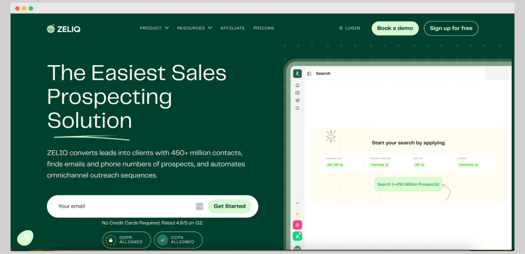 Zeliq's homepage. One of the sales tools