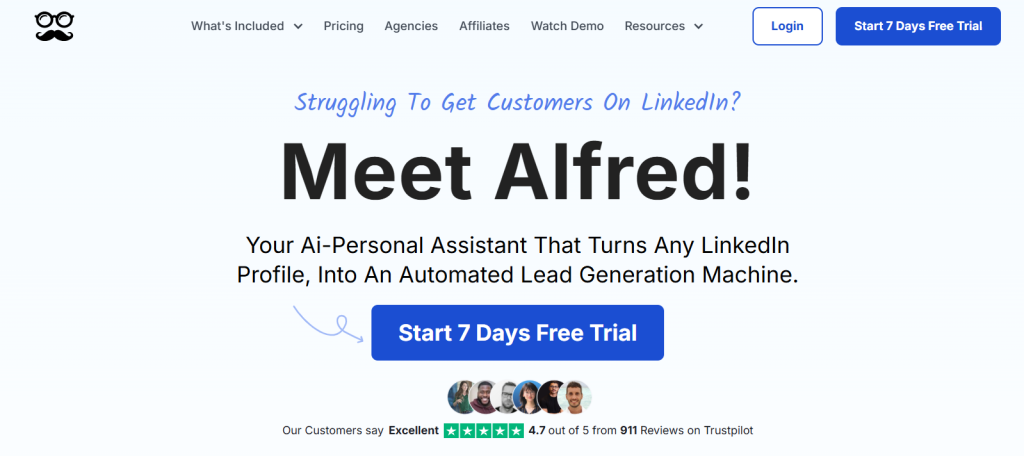 Meet Alfred homepage. A tool for running email marketing campaigns that lets you find new leads.