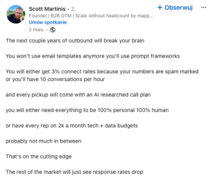 a screenshot of Scott Martinis' post on LinkedIn, discussing predicted changes in the cold email space