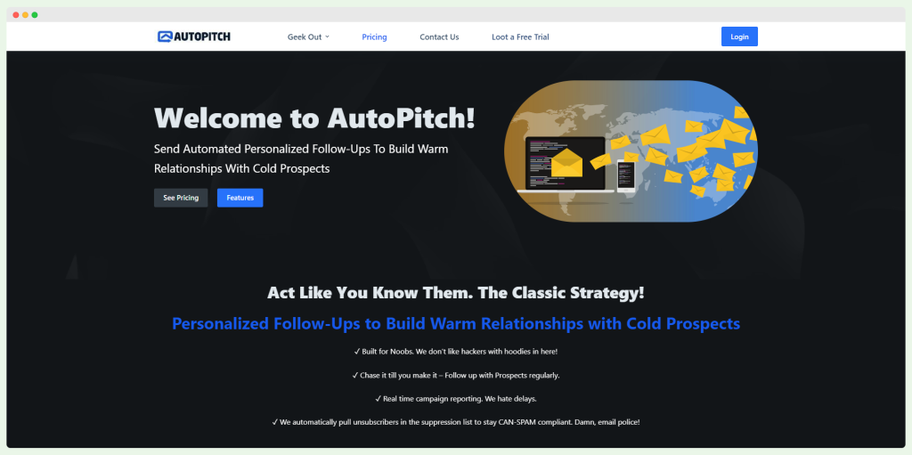 Autopitch homepage. An email marketing tool.