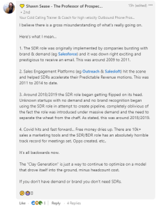 a screenshot of Shawn Sease's LinkedIn comment, describing how the SDR role has changed since it was created
