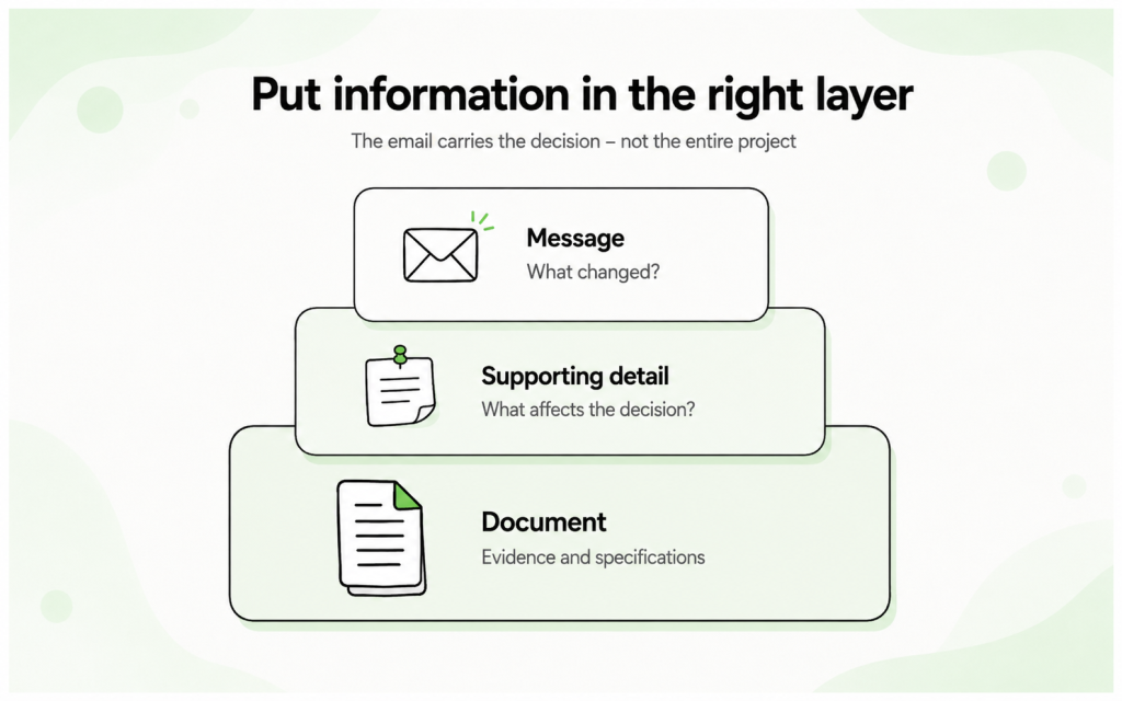 Information hierarchy separating the main message, decision-relevant details, and supporting documents.
