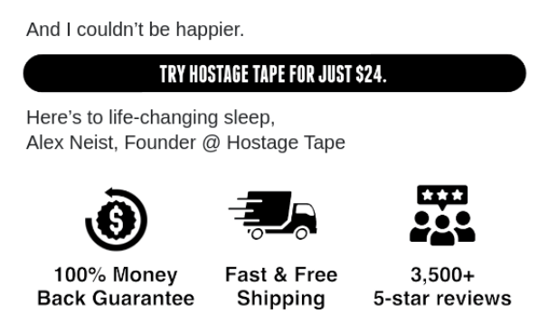  Advertisement for Hostage Tape, featuring a quote from Alex Neist and mentions of a $24 offer, 100% money-back guarantee, free shipping, and over 3,500 five-star reviews.