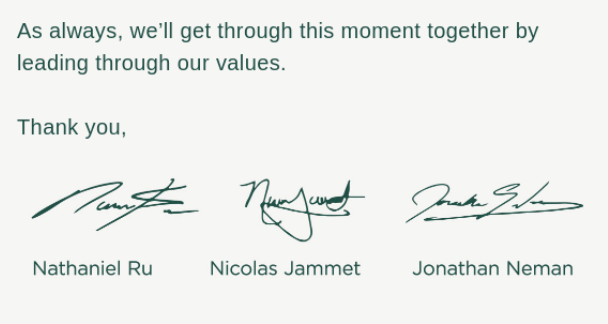 Handwritten signatures of Nathaniel Ru, Nicolas Jammet, and Jonathan Neman under a message about leading through values.