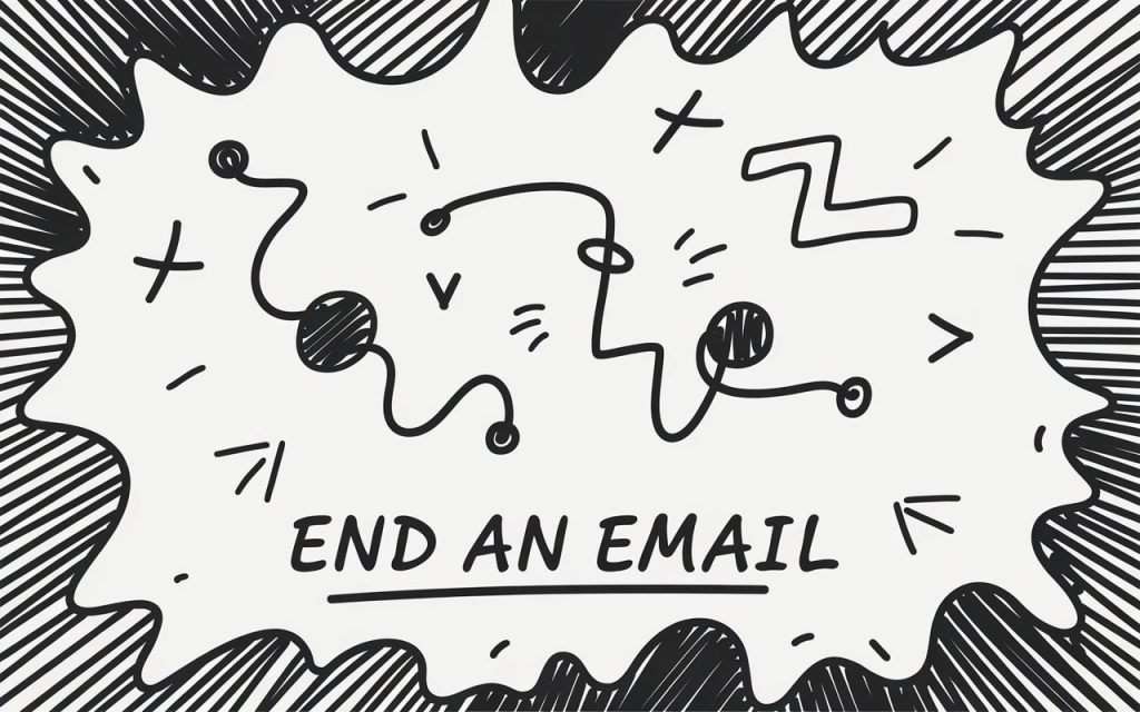 Black and white abstract doodle with the text "END AN EMAIL" in the center.