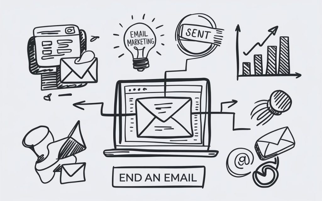  A sketch-style image of a computer screen surrounded by email-related icons with the text "END AN EMAIL."