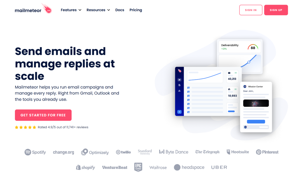Mailmeteor homepage showing email campaign dashboard where users configure upload files, customize email body content, send customized emails at scale, and verify delivery to the right recipients with great service reliability.