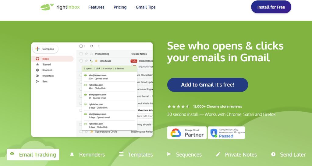 RightInbox homepage featuring Gmail extension pop up window for scheduling send emails, managing custom emails, adding bcc addresses, and ensuring each draft written reaches intended contacts.