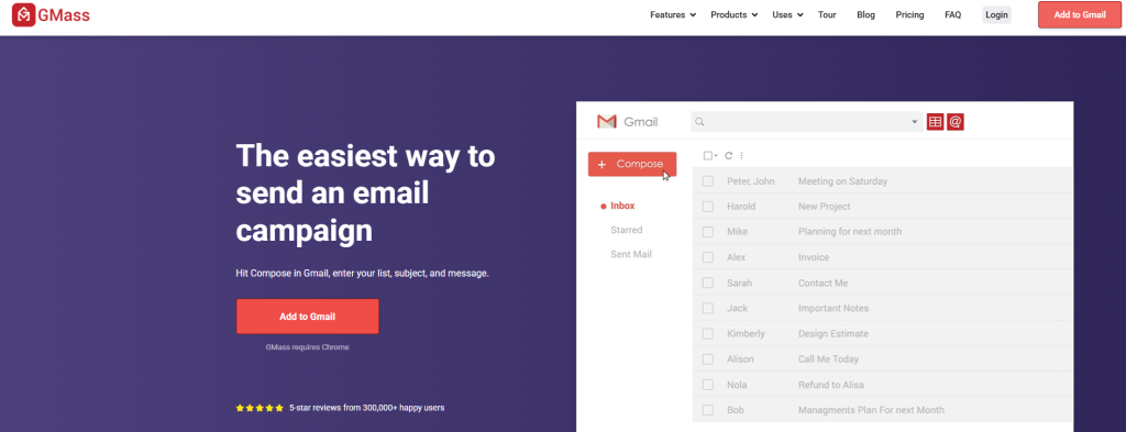 GMass homepage displaying Gmail-based mail merge tool to upload files from Google Drive, add personalized or global cc, define subject line variables, and launch campaigns directly from your inbox.