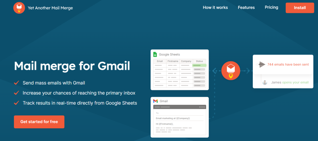 YAMM Yet Another Mail Merge homepage showing mail merge software interface connected to Google Sheets as a data source, with subject line, email body editor, and options to send customized emails to the right recipients.