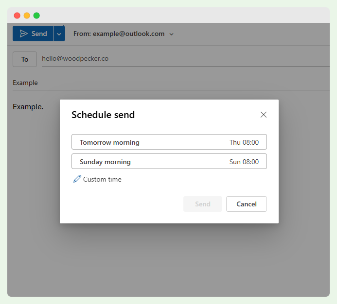 A screen showing how to schedule and email in Outlook.