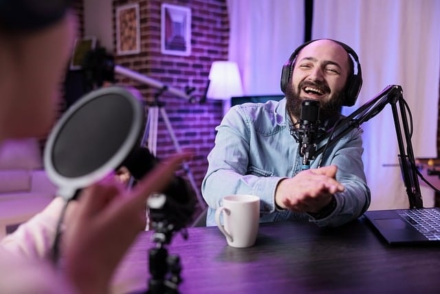 A man hosting a podcast.