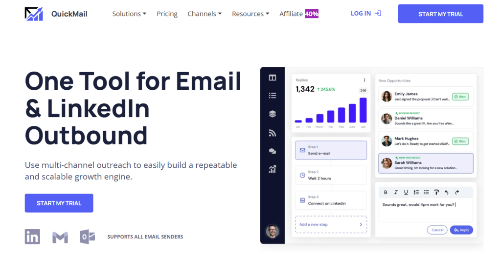 QuickMail homepage showing campaign builder to create customized emails, manage draft email sequences in the same thread, configure personalized attachments, and test email delivery before launch.