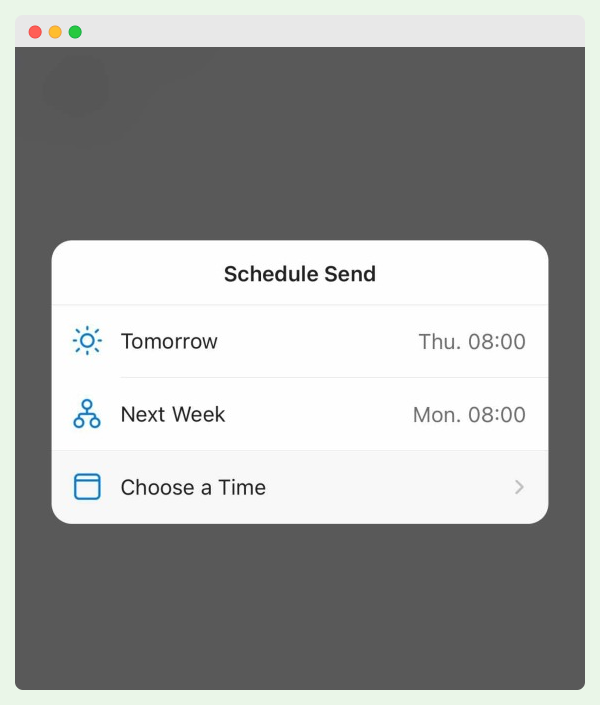 A screen showing how to schedule and email in Outlook app.