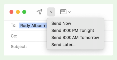 A screen showing how to schedule and email in Apple Mail on Mac.