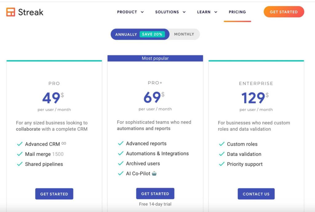 Streak email tracker pricing page