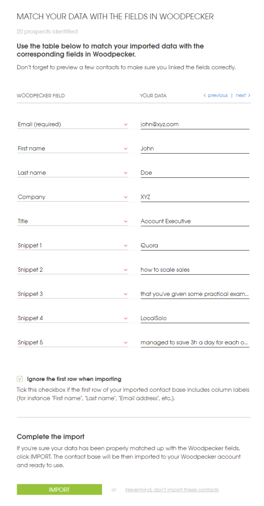 Woodpecker's custmizable fileds for cold email prospecting