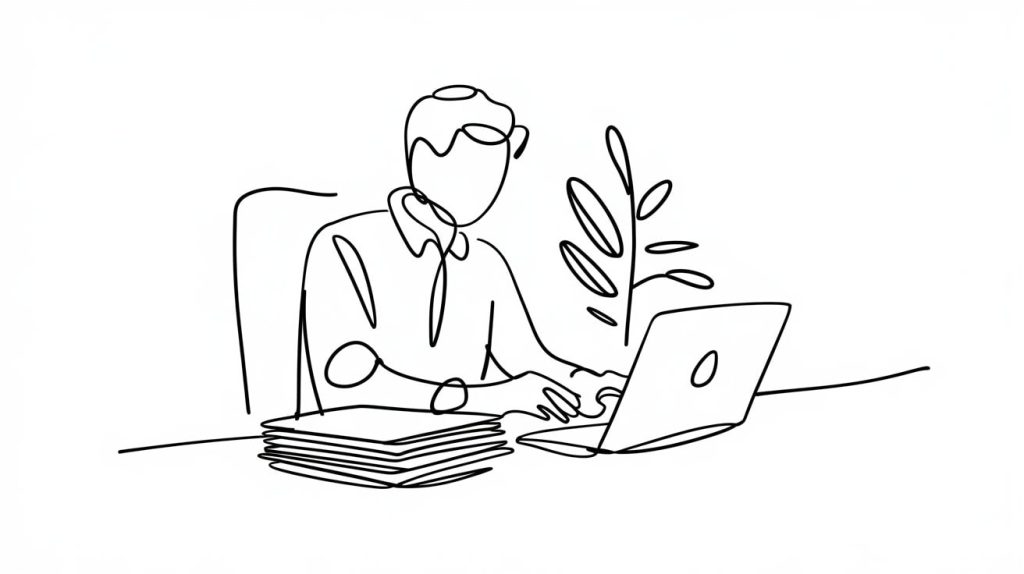 A person sitting at a desk with a laptop, a stack of papers, and a plant in the background.