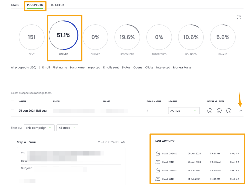 Open email tracking in Woodpecker's dashbaord.