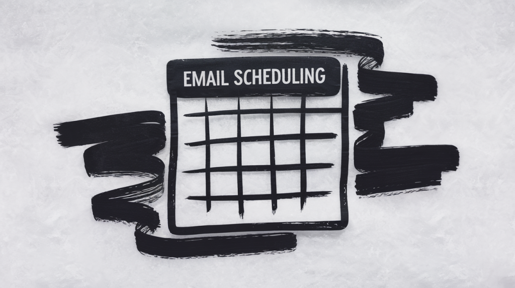 Black and white sketch-style calendar with bold 'Email Scheduling' text on a textured background.