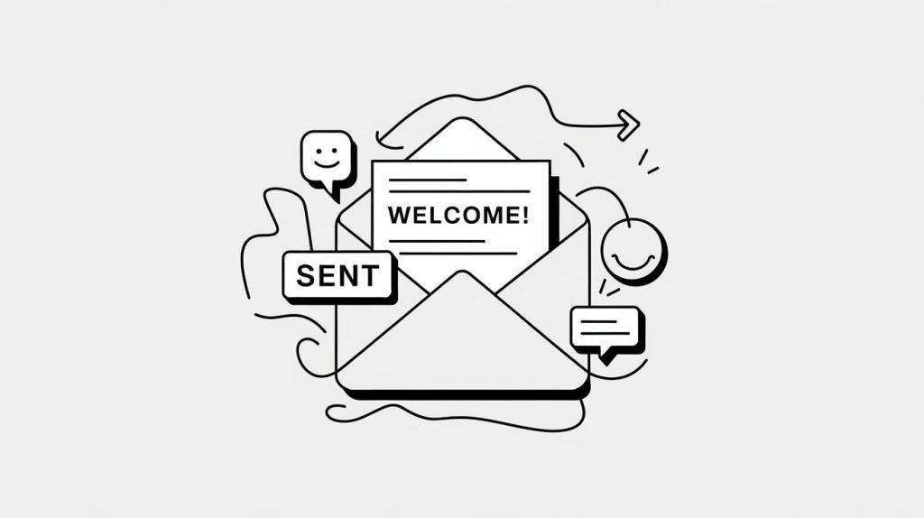 Abstract illustration of an envelope with the text 'Welcome!' surrounded by icons representing smiles, messages, and arrows.