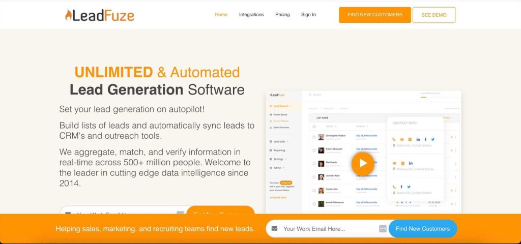 Leadfuze homepage.