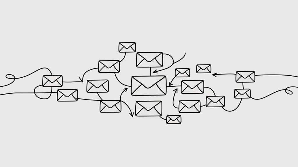 Flowchart showing interconnected email icons in a network.