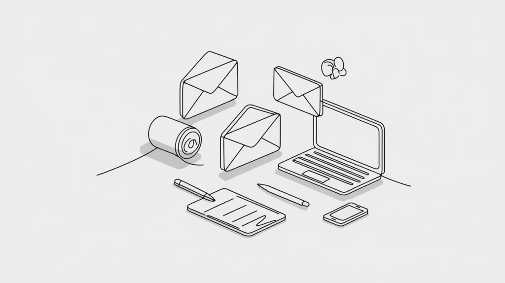 Minimalistic line drawing featuring office supplies like envelopes, a pen, a notebook, a laptop, and a smartphone, symbolizing email communication via bulk email services.