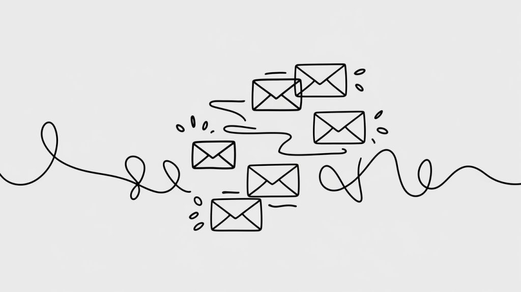 A cluster of simple envelope icons surrounded by playful lines and motion marks.